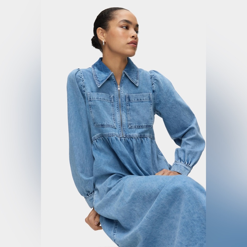 Anthropologie Aligne Gabriella Light Denim Long Sleeve Midi Dress Sz 6 US
